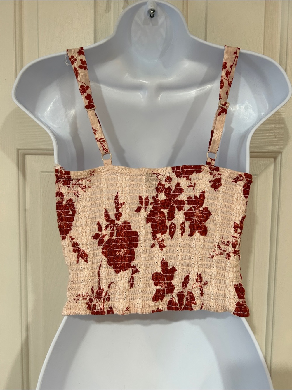 Crystal Sky Red White Floral Bustier Crop Top Smocked Eyelet Med M - Picture 5 of 6